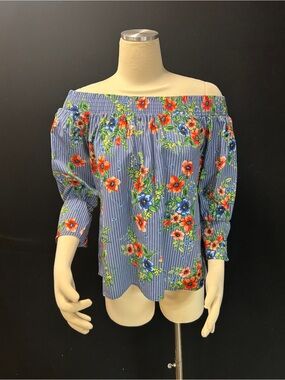 Ripe Blue Striped Off-Shoulder Floral Blouse